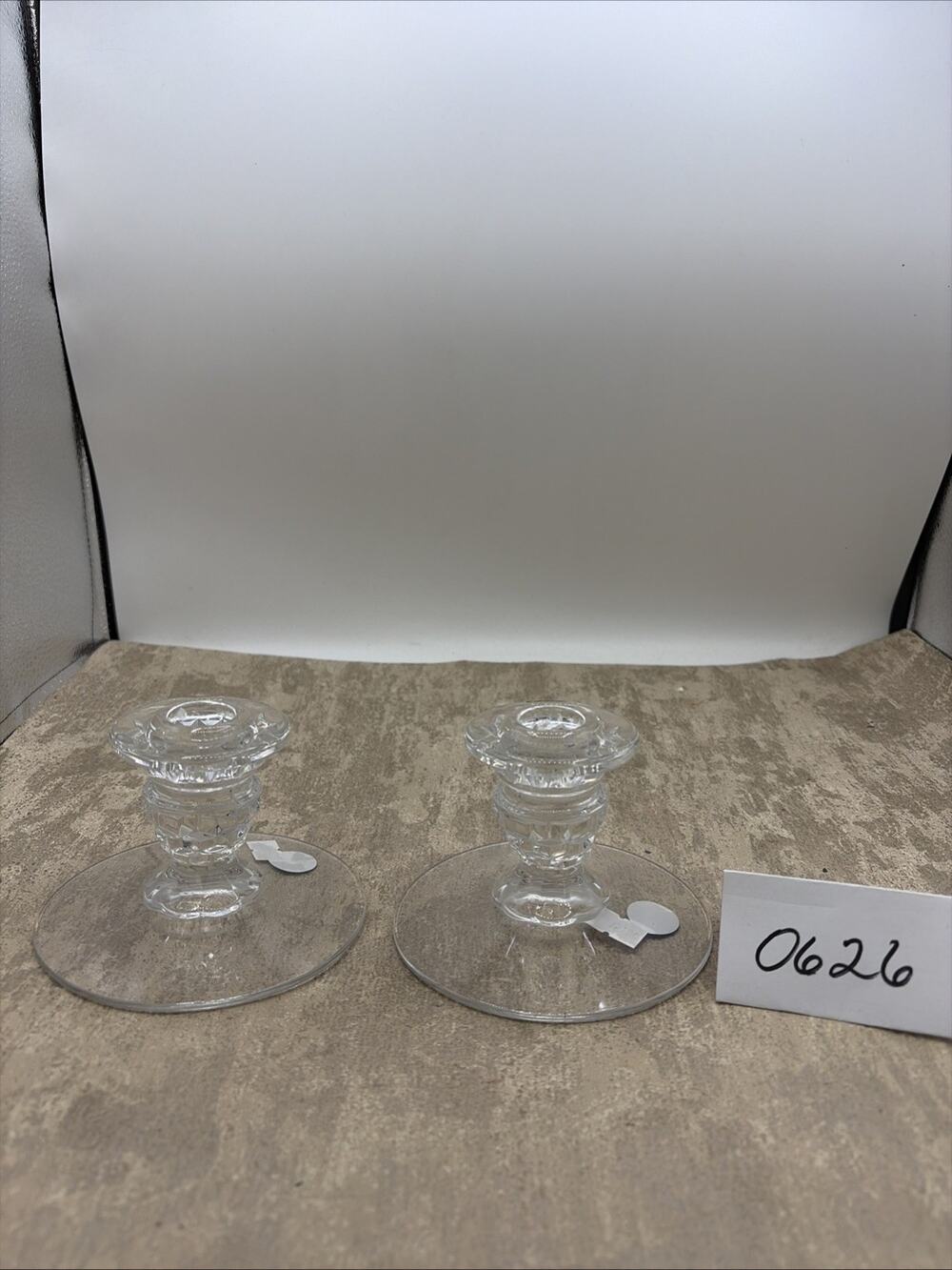 Set Of 2-FORSTORIA AMERICAN CLEAR CRYSTAL CUBIST PATTERN CANDLESTICK HOLDERS 3”